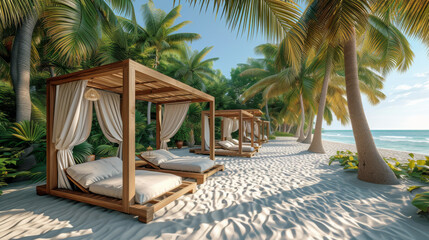 cozy lounges with beds on the beach with palm trees around