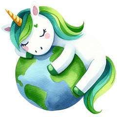 A gentle watercolor unicorn character hugging planet Earth with a loving expression.