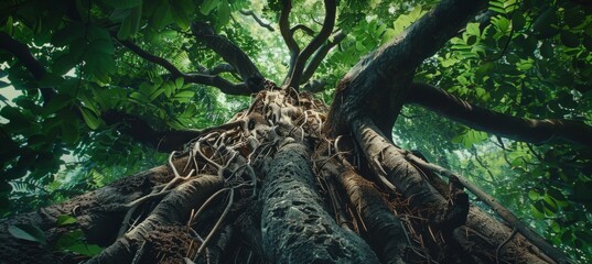 A panoramic view of the roots and trunk of an ancient tree, with lush green leaves and thick branches reaching towards the sky Generative AI - obrazy, fototapety, plakaty