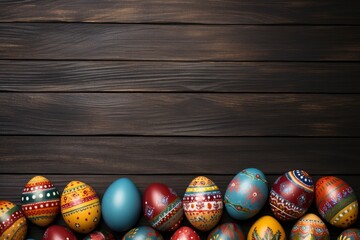 Easter eggs on wooden background - generative ai - obrazy, fototapety, plakaty