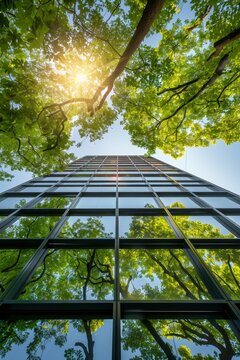 Modern cityscape  eco friendly glass office building integrated with greenery for sustainable living