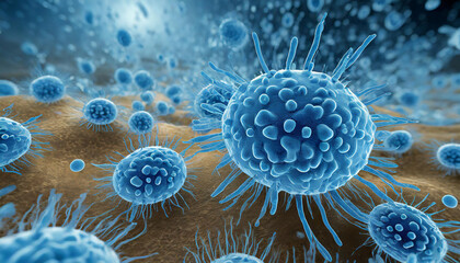 Close-up of influenza virus. Microscopic microbe or bacteria. Abstract medical background.