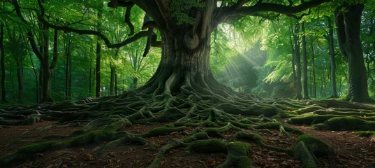 Fotobehang panoramic photo of an ancient tree with thick roots and a wide crown, lush green leaves in a forest landscape with natural light Generative AI © SKIMP Art