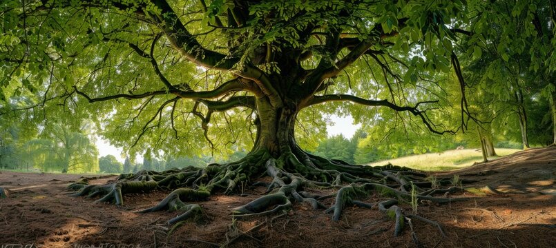 panoramic photo of an old tree with wide roots and lush green leaves Generative AI