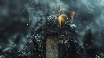 A burnt match with smoke and burnt background - obrazy, fototapety, plakaty