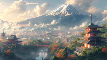 Papier peint photo autocollant rond Gris foncé Mythical Creatures and Ancient Temples at Mount Fuji, generative ai