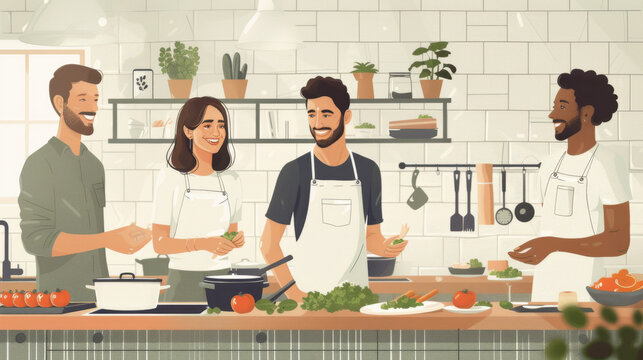 Illustration of young people in a kitchen cooking
