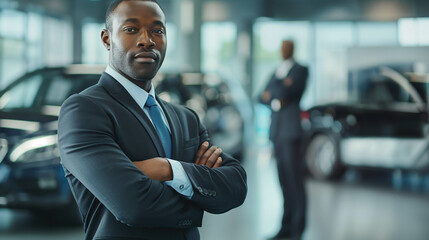 Verkauftechniken als Autoverkäufer im Gespräch mit interessierten Kunden die ein Auto kaufen möchten führen Verkaufsgespräch Generative AI - obrazy, fototapety, plakaty