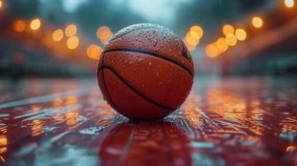 Textured basketball on court with shallow depth of field effect, generative ai - obrazy, fototapety, plakaty