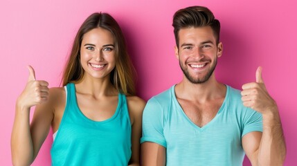 Healthy couple in teal tank tops showing thumbs up gesture on pastel background with space for text