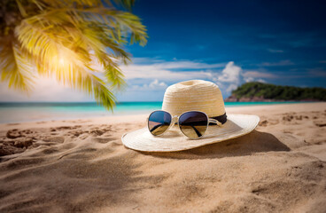 Lato wakacje zdjęcie kapelusz na plaży - obrazy, fototapety, plakaty