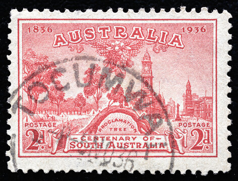 Ukraine, Kiyiv - February 3, 2024.Postage stamps from Australia.A stamp printed in Australia shows Proclamation Tree, circa 1936. Centenary of South Australia