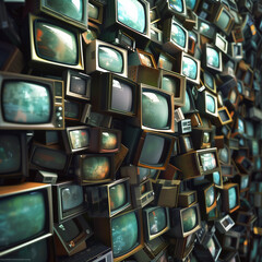 Wall stack of outdated old televisions
- 761639528