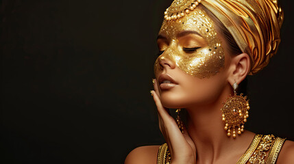 Golden woman. Beauty fashion model girl with golden skin, makeup, hair and jewellery on black background