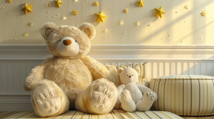 Sunshine themed nursery with a large teddy bear and a smaller companion in a cozy setting