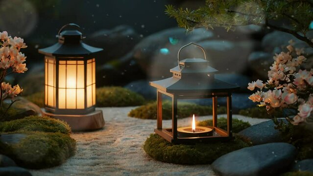 zen garden with lanterns. 4K seamless looping overlay virtual video animation backgrounds