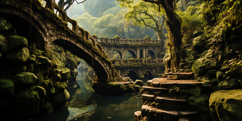 An inspiring bridge intertwined with trees, like part of the forest wor - obrazy, fototapety, plakaty