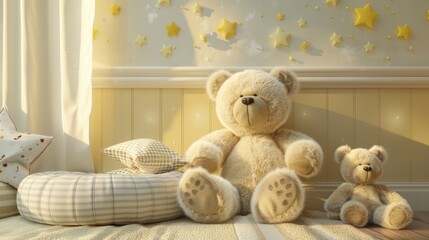 Sunshine themed nursery with a large teddy bear and a smaller companion in a cozy setting