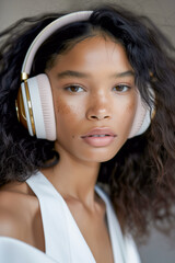 A beautiful female fashion model wearing a pair of wireless headphones