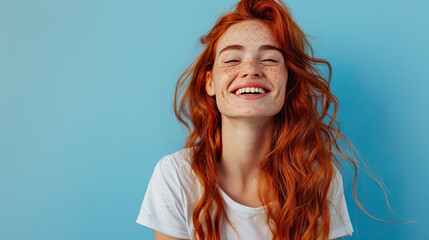 Happy attractive young woman with long wavy red hair and freckles wears stylish t shirt looks happy and smiling isolated on blue background - obrazy, fototapety, plakaty
