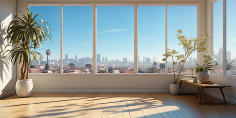 A bright room, with a large window and a panoramic look, like a look into an endless dista