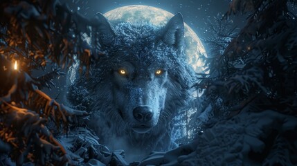 A mystical wolf with glowing eyes stands beneath a full moon, its fur frosted, exuding an aura of enigmatic wilderness. - obrazy, fototapety, plakaty