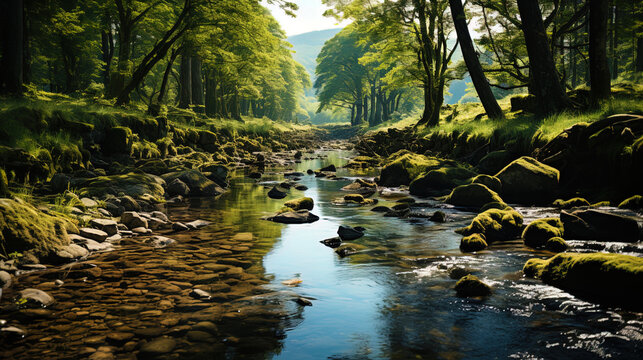 A calm cascading stream shimmered in the sun, like a peaceful spirit, lit by the light of heav
