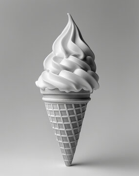 Classic soft serve vanilla ice cream and waffle cone. Archival style B&W image evoking nostalgia, Isolated on a gray canvas backdrop.