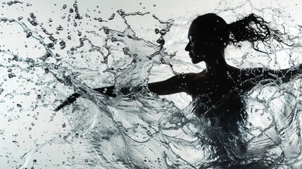 A dramatic silhouette of a woman emerges amidst an explosion of splashing water droplets, captured in high contrast.