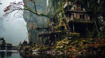 A historical house drowning in the greens of a tree cliff, as if a witness to many stories and le - obrazy, fototapety, plakaty