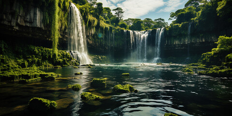 A magnificent waterfall, filling the air with its spray, like a marvelous fountain rising to he