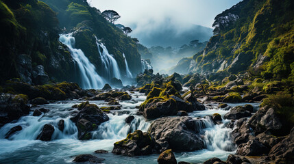 Naklejka na ściany i meble A majestic waterfall, with foamy laughter, like a thunderous voice of mountains, shakin