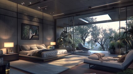 A luxurious contemporary bedroom with floor-to-ceiling windows, a cozy reading nook, and elegant...