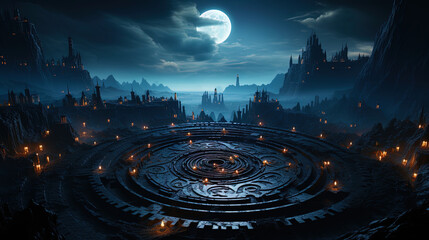 A planet with dark labyrinths and mysterious temples, like a place of power and ancient wis - obrazy, fototapety, plakaty