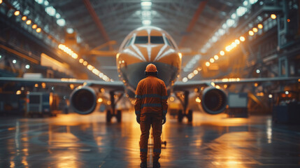 Plane in aircraft workshop with an employee in overalls in the foreground