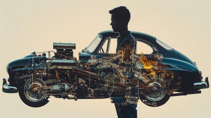 Fototapeta premium A silhouette of a person seamlessly blends with the mechanical anatomy of a classic car, illustrating the intimate connection between humans and automotive design.