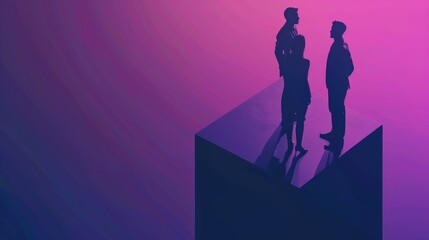 silhouette of a person, photo of a business team strategizing business pricing. The style is minimalist and trendy. the colors are navy and purple gradient.