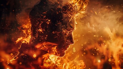 A vivid and inspiring close-up profile of a person enveloped in flames, symbolizing fierce determination and the burning passion within. - obrazy, fototapety, plakaty