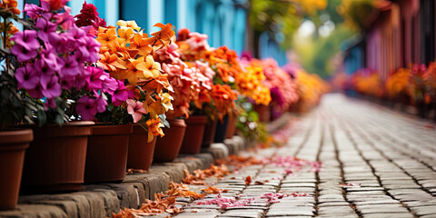 Naklejka na ściany i meble Bright bricks filling the wall with fresh flowers and shades, like a colorful carpet spread under