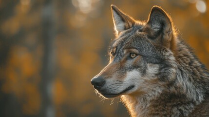 Profile of a majestic wolf bathed in the golden light of autumn, with a soft-focus forest background.