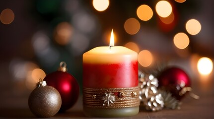 Christmas candle and decorations. Bokeh background. Generative AI