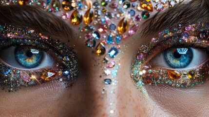 A close-up view of intense blue eyes adorned with elaborate gemstone makeup, capturing a look of glamour and fantasy.