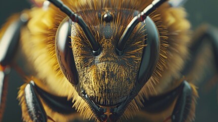 An incredibly detailed macro shot reveals the complex and hairy face of a bee with its compound eyes and antennae.