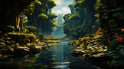 Outlandish jungle with a variety of vegetation, like a world from fantasies and dre