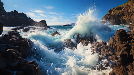 Swift waves crashing against rocks, like a song of wind and wat - obrazy, fototapety, plakaty