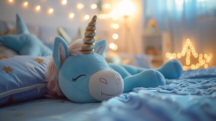 unicorn dolls in a pastel-themed child's bedroom with starry lights and pillows