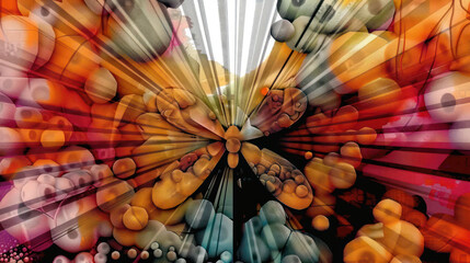 Abstract illustration central artistic conception of butterfly and and colorful surface with elements of different shapes and colors illuminated by light in wide beams