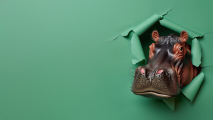 Playful image of a hippopotamus peeking cheekily through a torn green paper, evoking humor