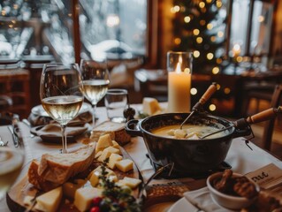 Swiss fondue dinner with a variety of cheeses on a board and a heated pot of cheese fondue in a tavern or restaurant - obrazy, fototapety, plakaty