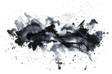 Black and gray smudged watercolor paint stain on white background.